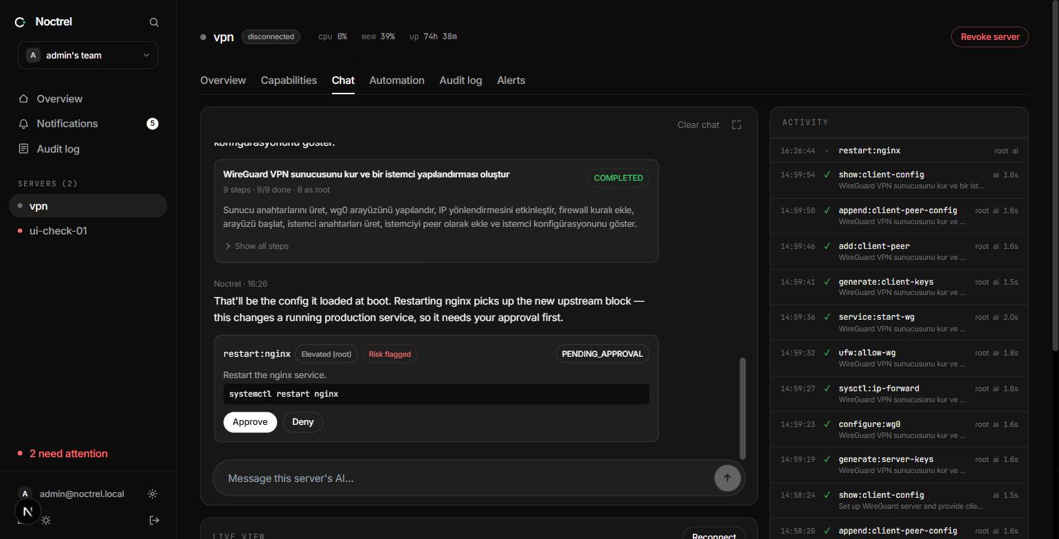The Noctrel chat panel: the AI has proposed restarting nginx, marked elevated (root) and risk flagged, with Approve and Deny buttons and the exact command shown.