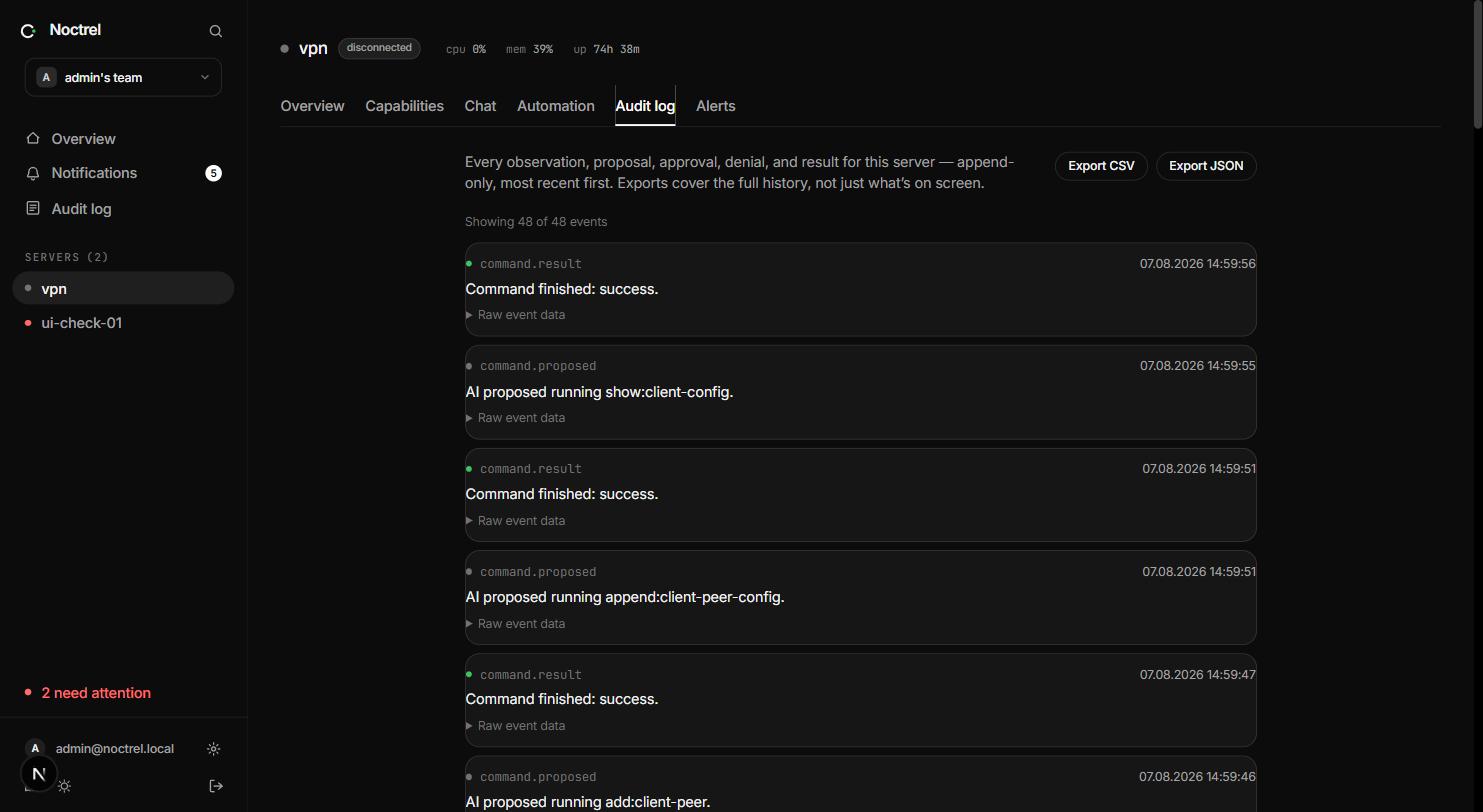 The audit log: proposed and completed commands, each timestamped with expandable raw event data.